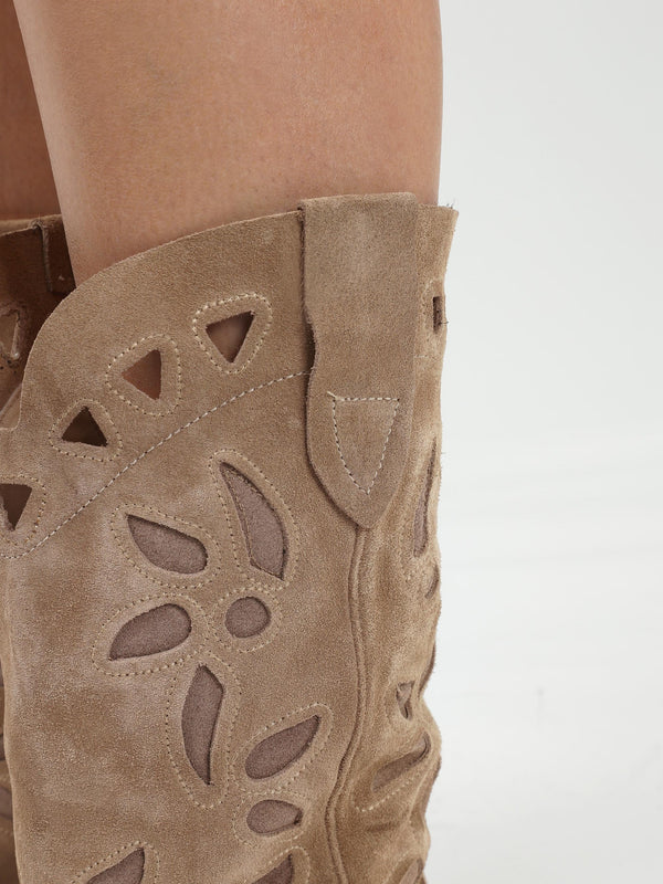Kubra Cutout Beige Suede Calf Height Cowboy Boots