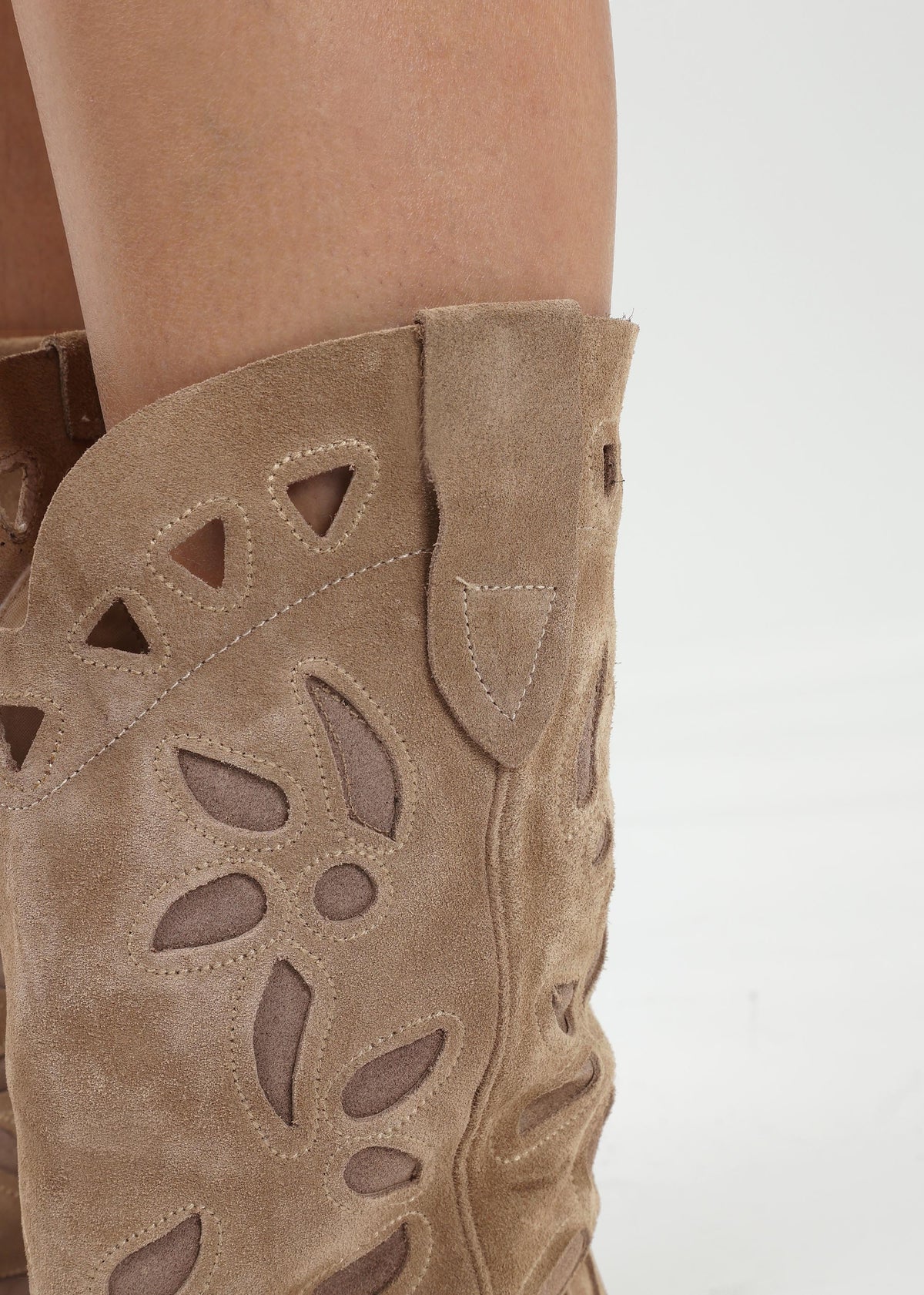 Kubra Cutout Beige Suede Calf Height Cowboy Boots