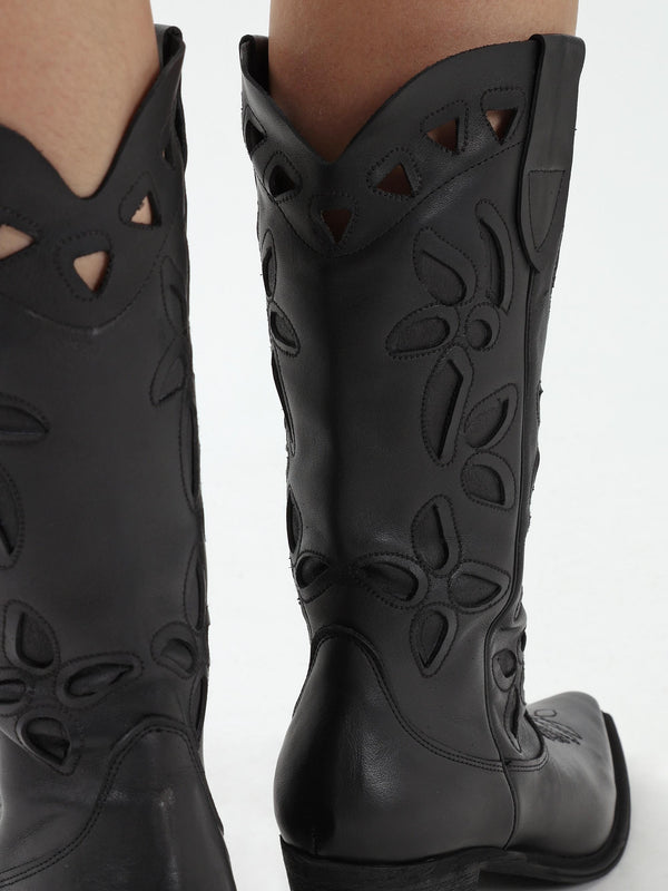 Kubra Cutout Black Leather Calf Height Cowboy Boots