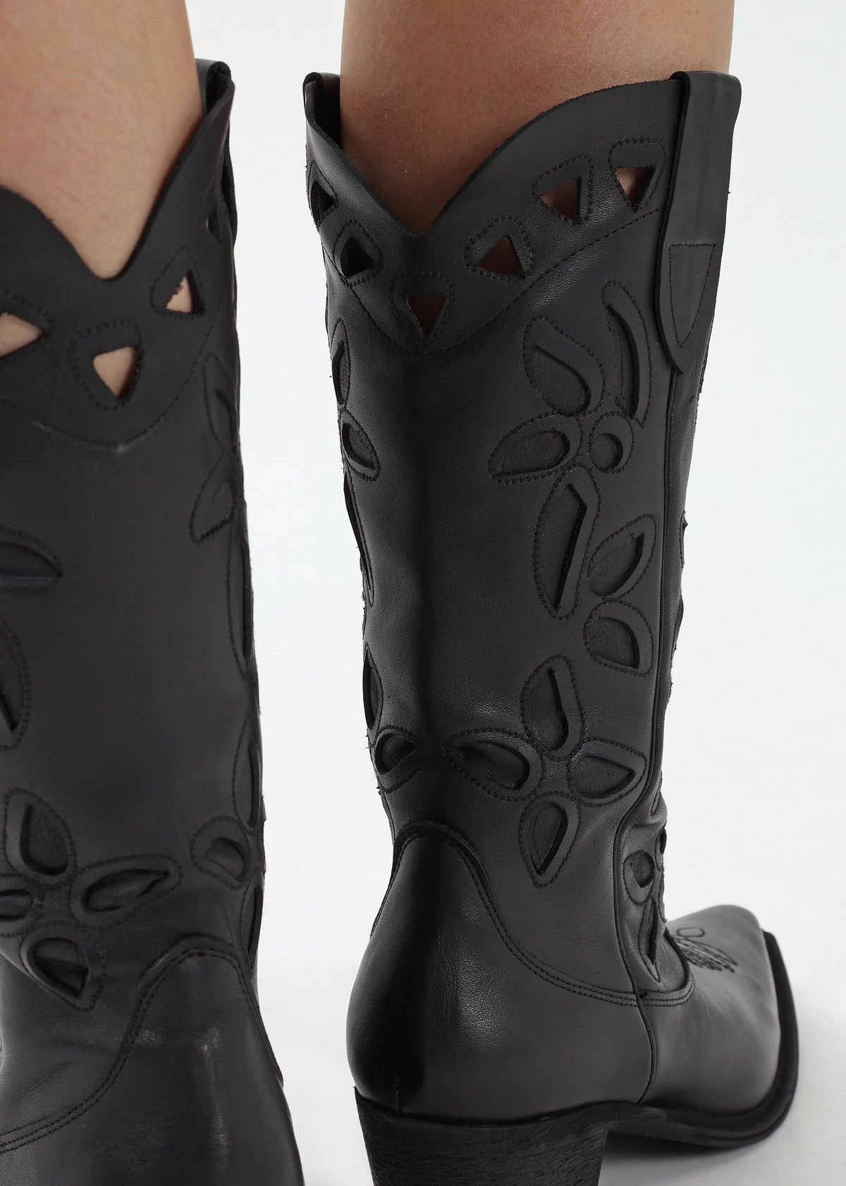 Kubra Cutout Black Leather Calf Height Cowboy Boots