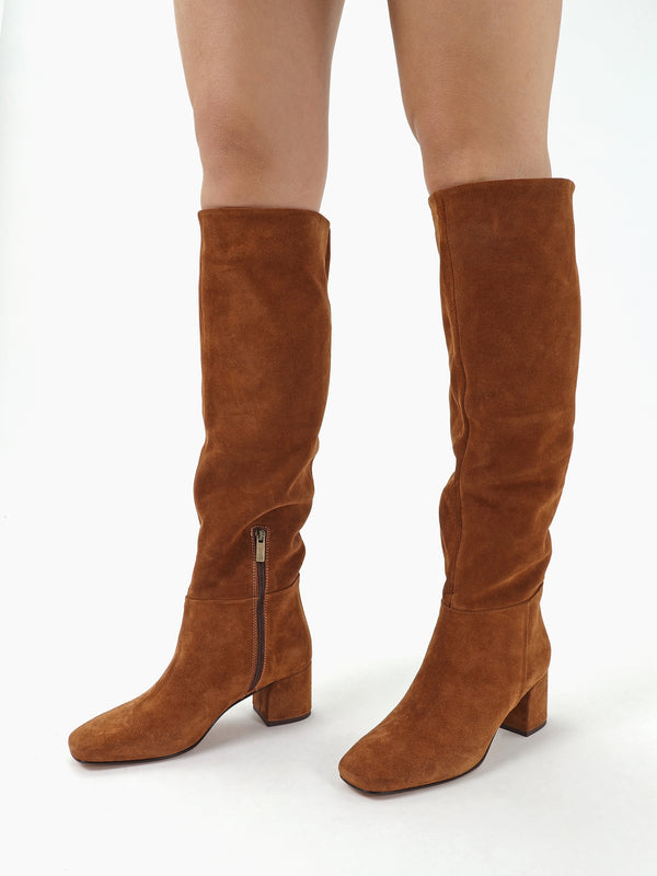 Lancey Tan Suede Block Heel Knee Boots