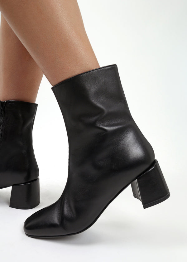 Laney Black Leather Block Heel Ankle Boots