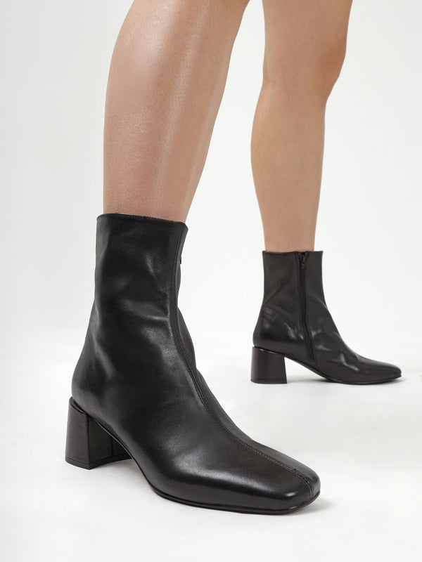 Laney Black Leather Block Heel Ankle Boots