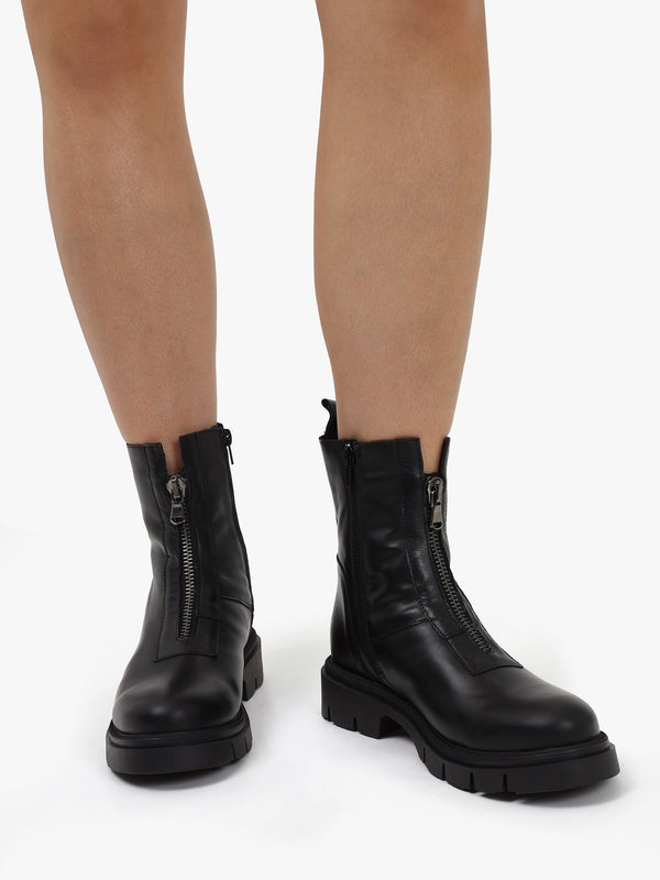 Lippy Black Leather Front Zip Ankle Boots