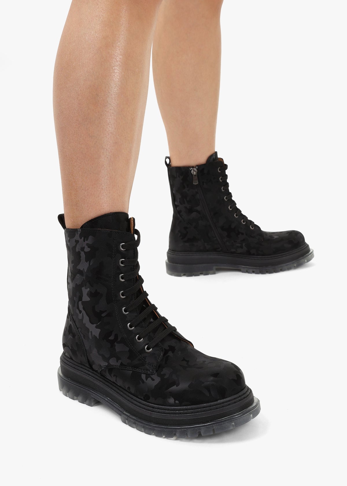 Rammie Black Leather Camo Ankle Boots