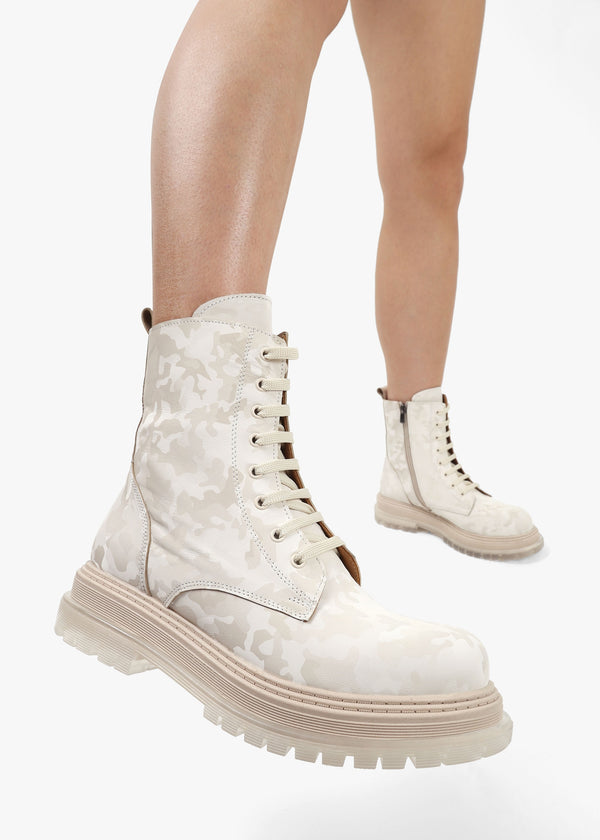 Rammie White Leather Camo Ankle Boots