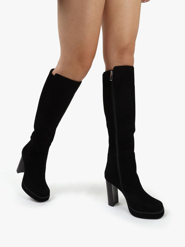 Sippy Black Suede Platform Knee Boots