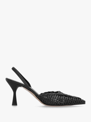 Tiffi Black Leather Woven Sling Back Mid Heel Court Shoes