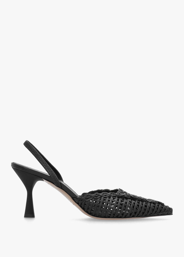 Tiffi Black Leather Woven Sling Back Mid Heel Court Shoes