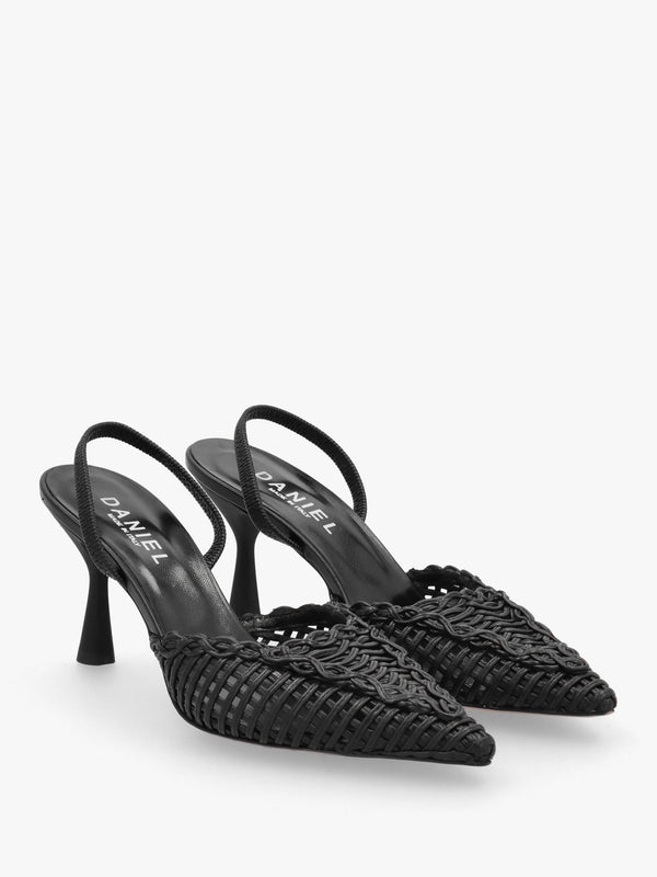 Tiffi Black Leather Woven Sling Back Mid Heel Court Shoes