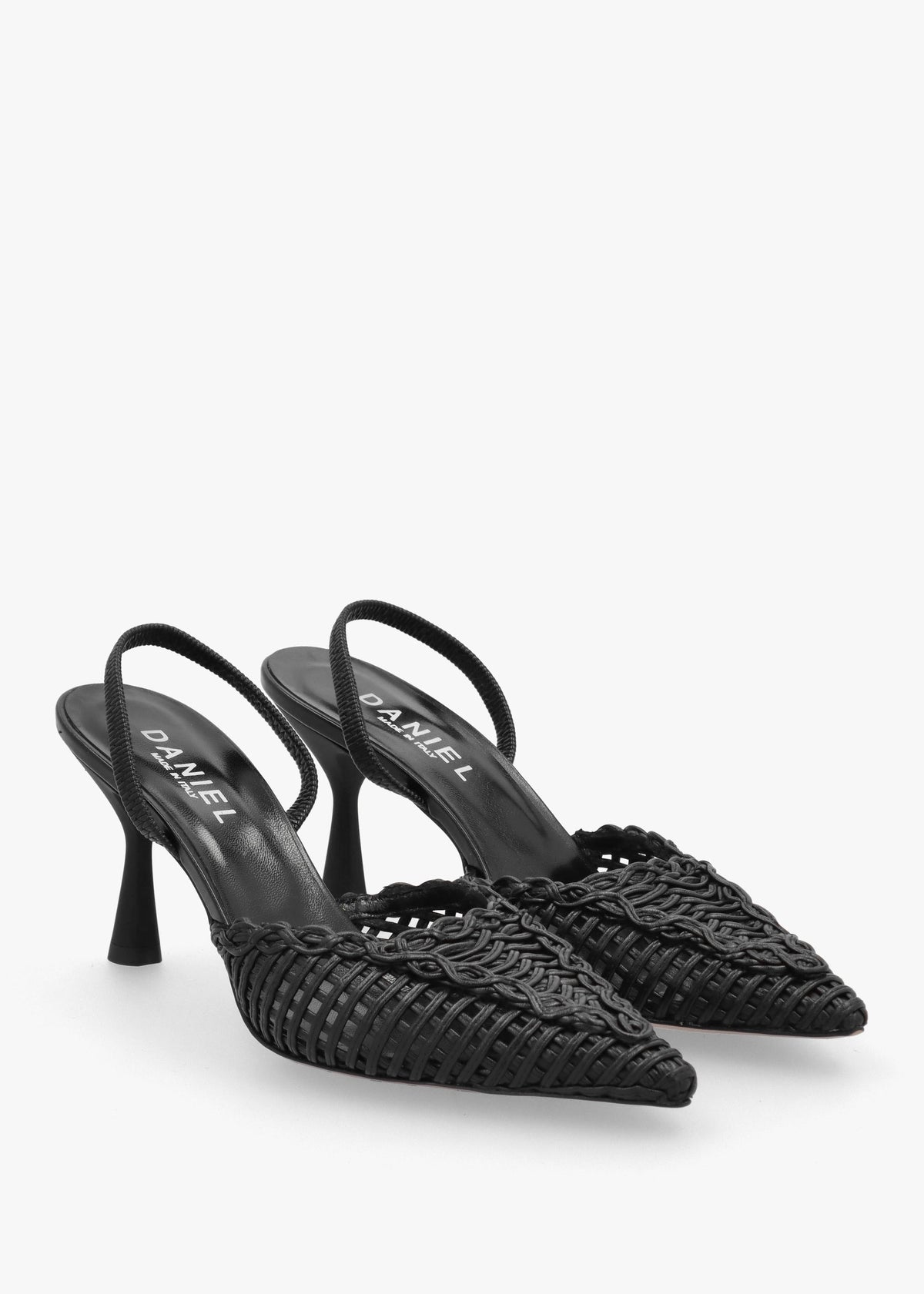 Tiffi Black Leather Woven Sling Back Mid Heel Court Shoes