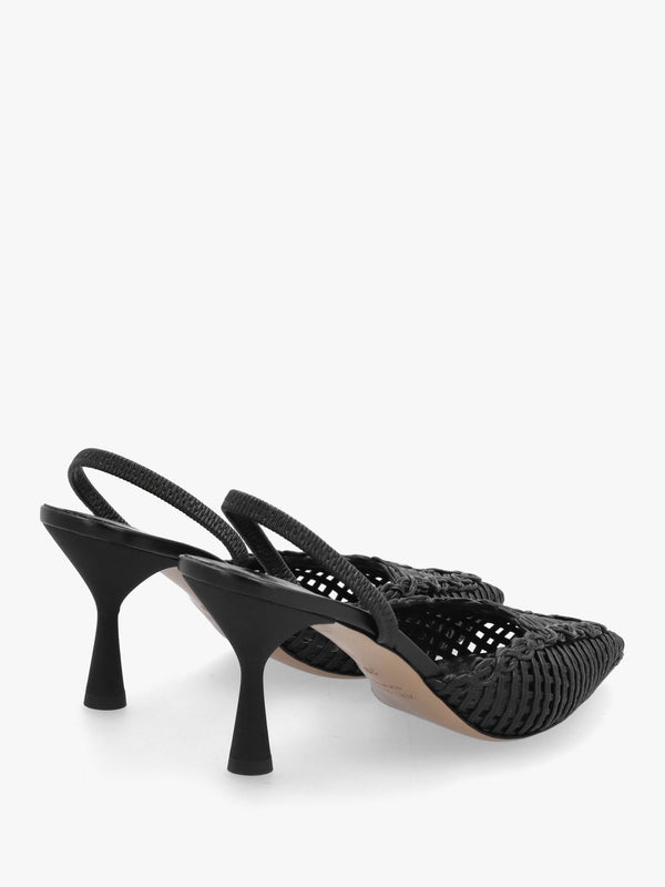 Tiffi Black Leather Woven Sling Back Mid Heel Court Shoes