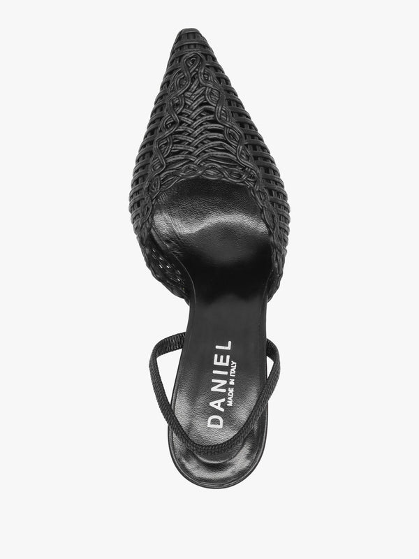 Tiffi Black Leather Woven Sling Back Mid Heel Court Shoes