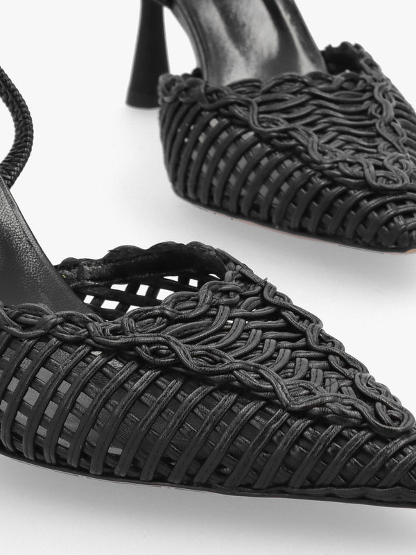 Tiffi Black Leather Woven Sling Back Mid Heel Court Shoes