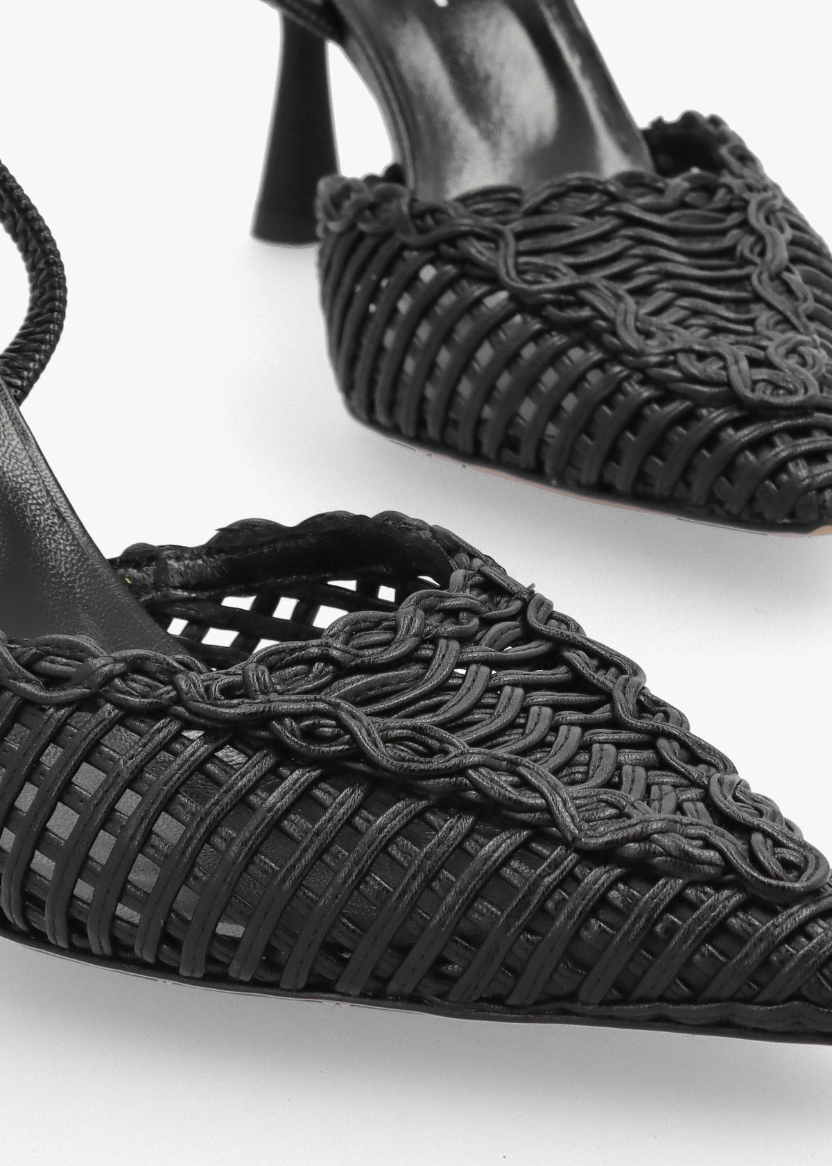 Tiffi Black Leather Woven Sling Back Mid Heel Court Shoes