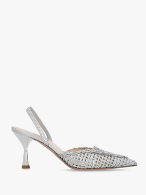 Tiffi Low Silver Leather Woven Sling Back Mid Heel Court Shoes