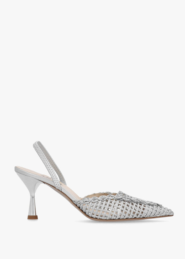 Tiffi Low Silver Leather Woven Sling Back Mid Heel Court Shoes