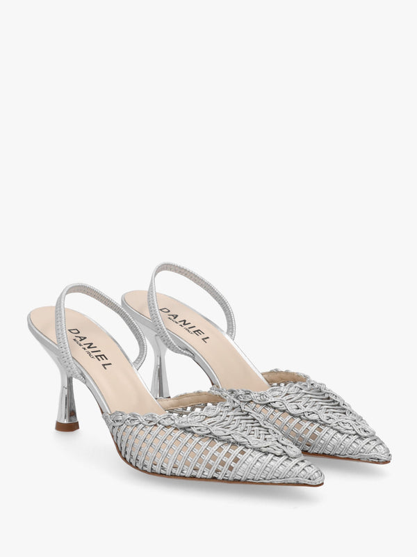 Tiffi Low Silver Leather Woven Sling Back Mid Heel Court Shoes