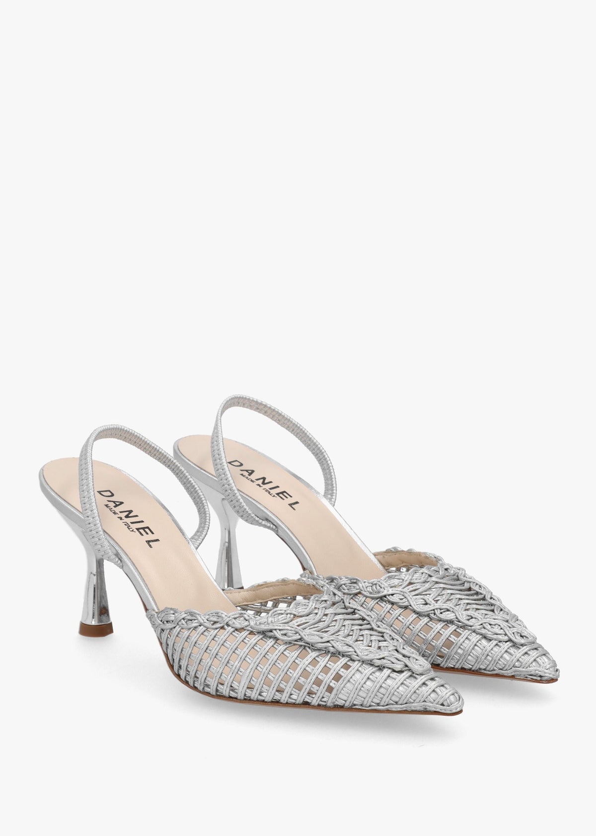 Tiffi Low Silver Leather Woven Sling Back Mid Heel Court Shoes