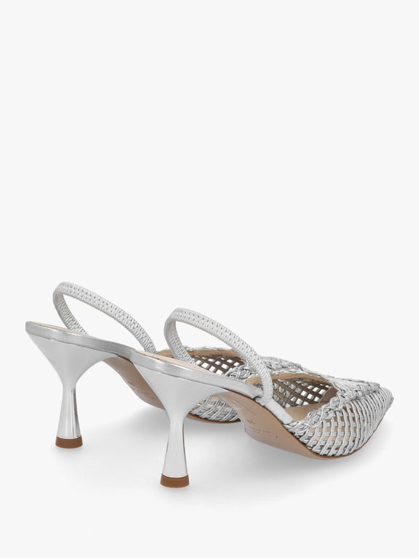 Tiffi Low Silver Leather Woven Sling Back Mid Heel Court Shoes