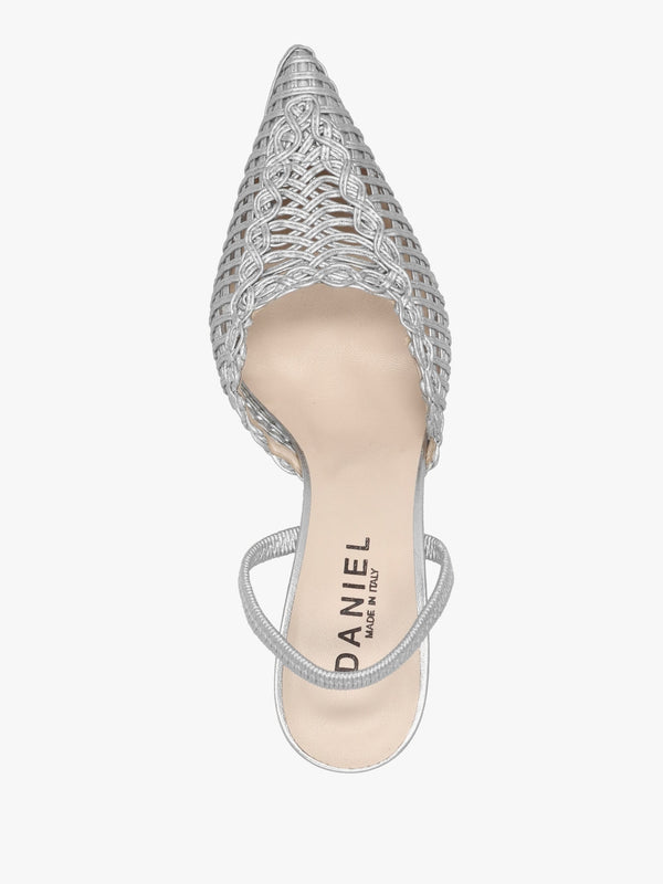 Tiffi Low Silver Leather Woven Sling Back Mid Heel Court Shoes