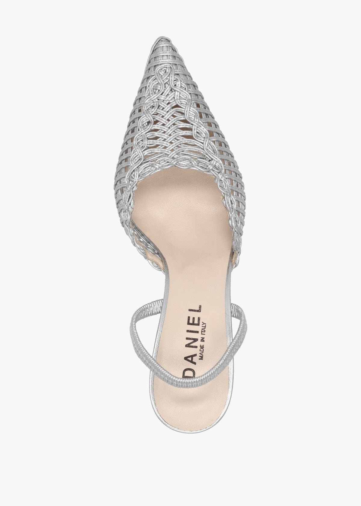 Tiffi Low Silver Leather Woven Sling Back Mid Heel Court Shoes