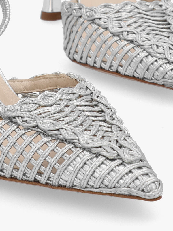 Tiffi Low Silver Leather Woven Sling Back Mid Heel Court Shoes
