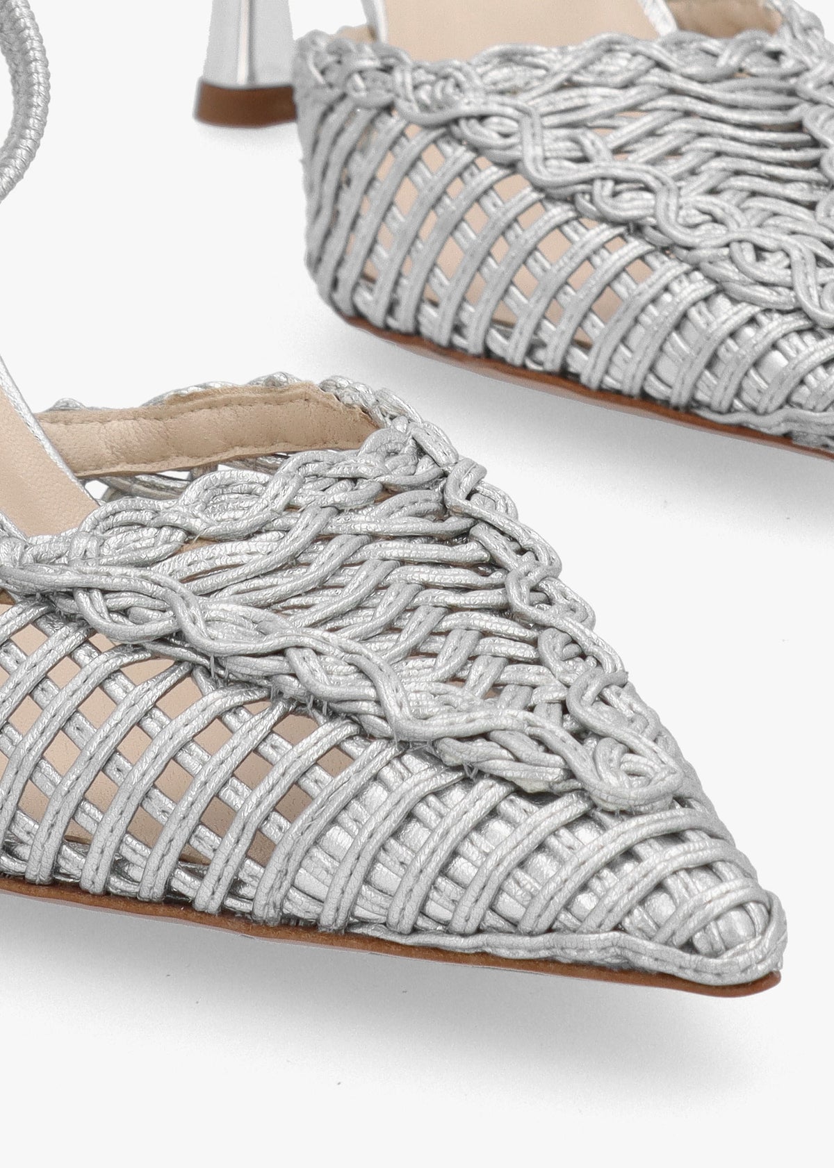 Tiffi Low Silver Leather Woven Sling Back Mid Heel Court Shoes