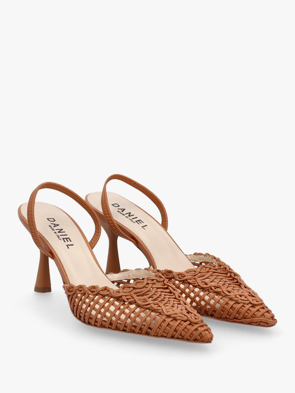 Tiffi Low Tan Leather Woven Sling Back Mid Heel Court Shoes