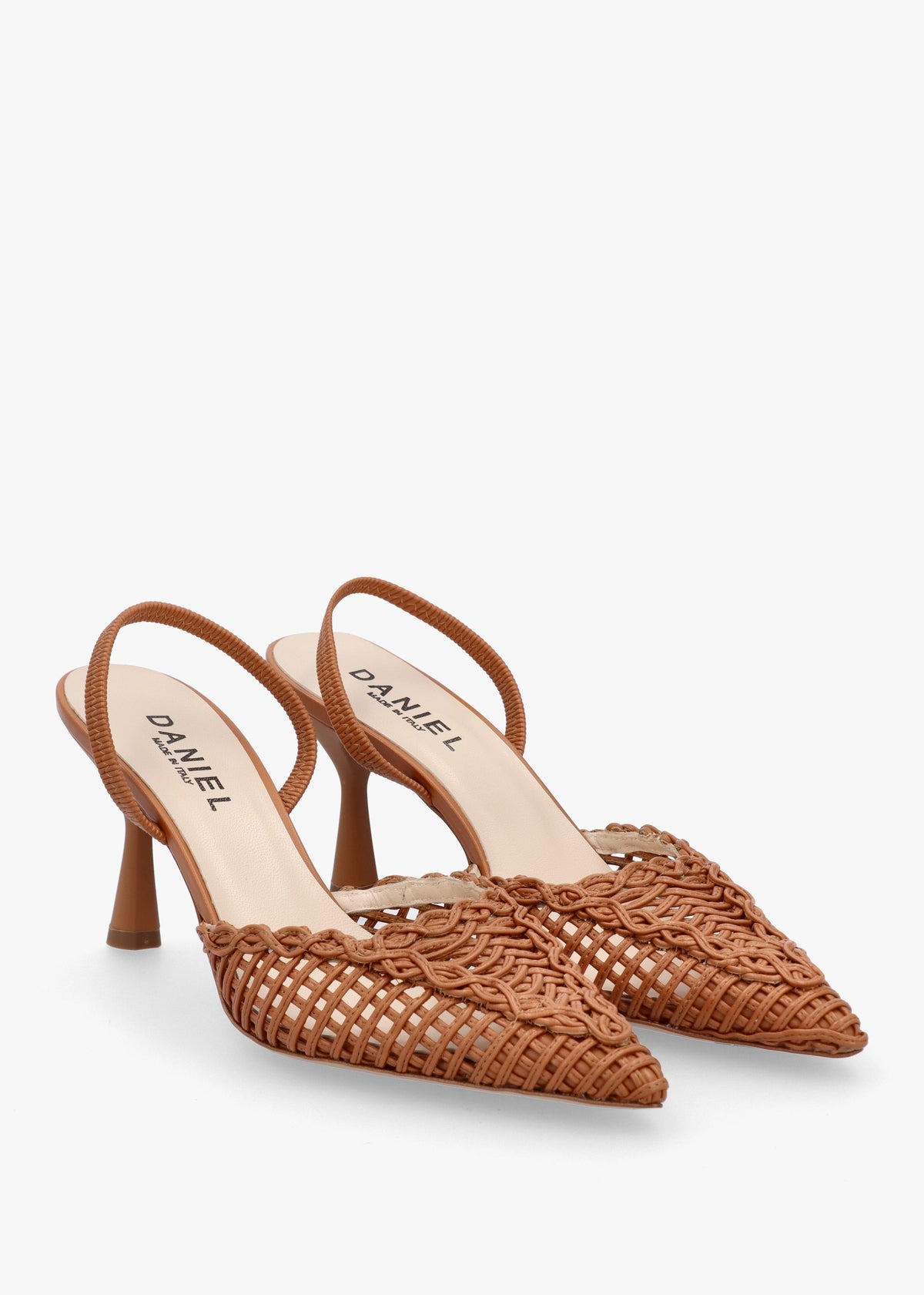 Tiffi Low Tan Leather Woven Sling Back Mid Heel Court Shoes
