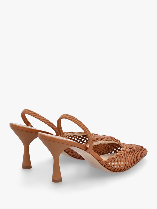 Tiffi Low Tan Leather Woven Sling Back Mid Heel Court Shoes