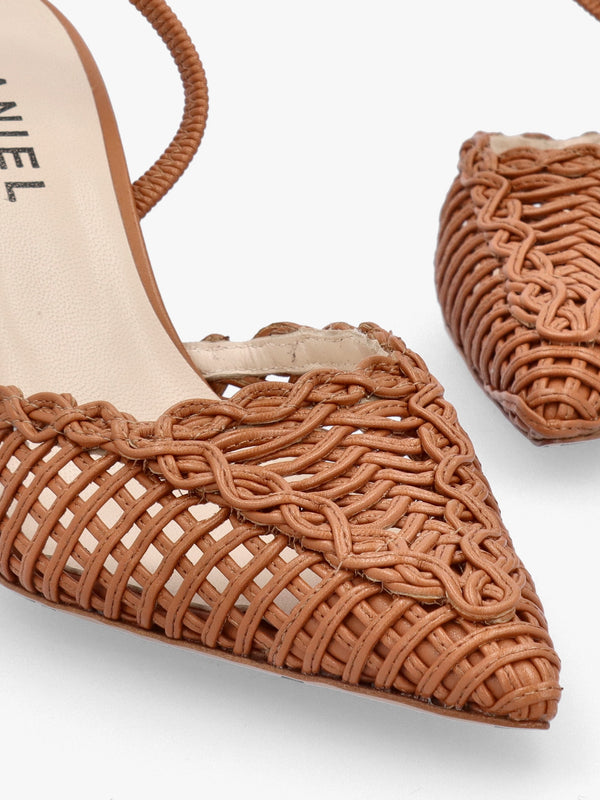 Tiffi Low Tan Leather Woven Sling Back Mid Heel Court Shoes