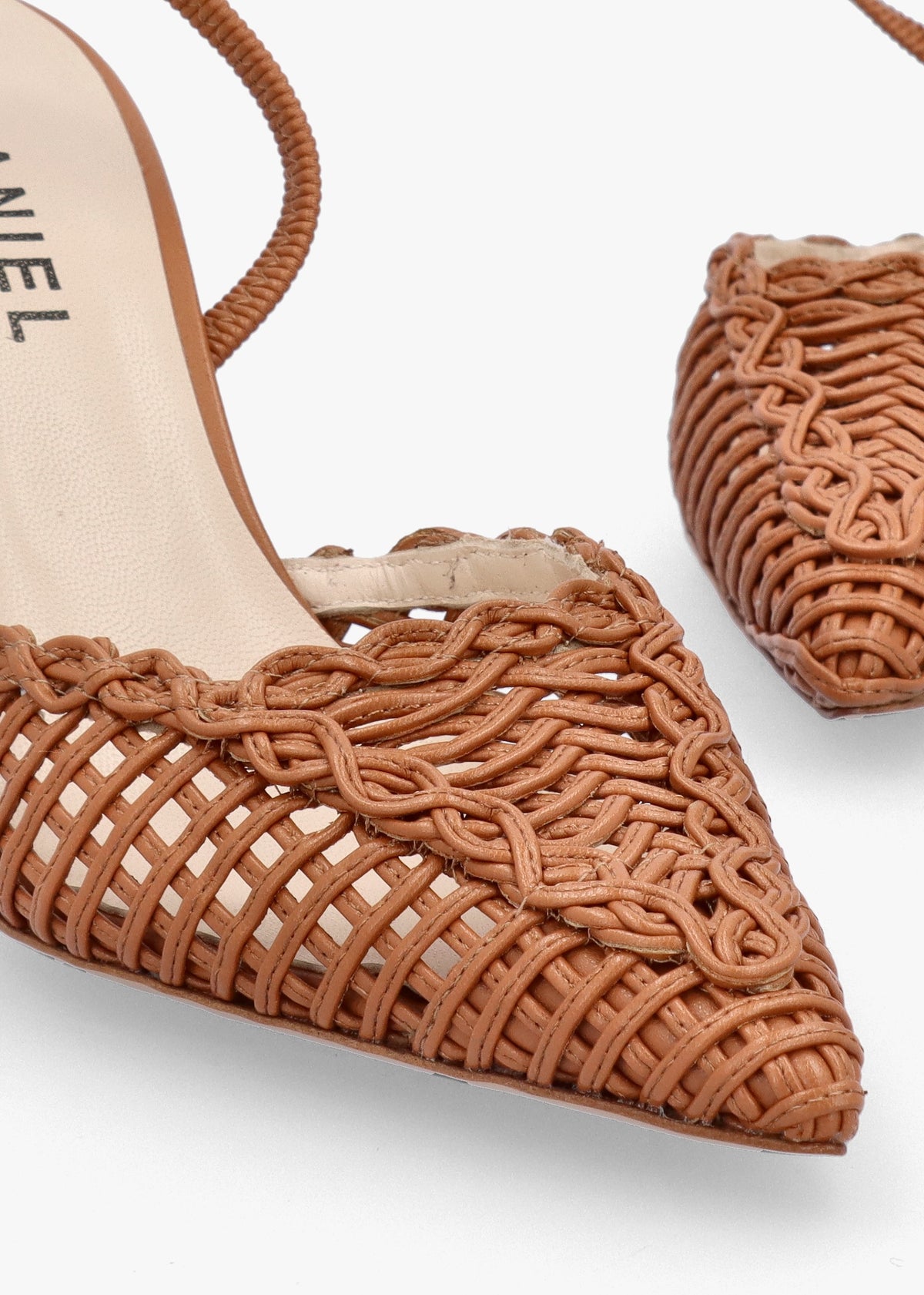 Tiffi Low Tan Leather Woven Sling Back Mid Heel Court Shoes