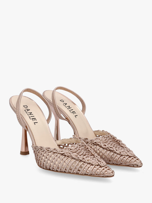 Tiffi Rose Gold Metallic Leather Woven Sling Back Court Shoes