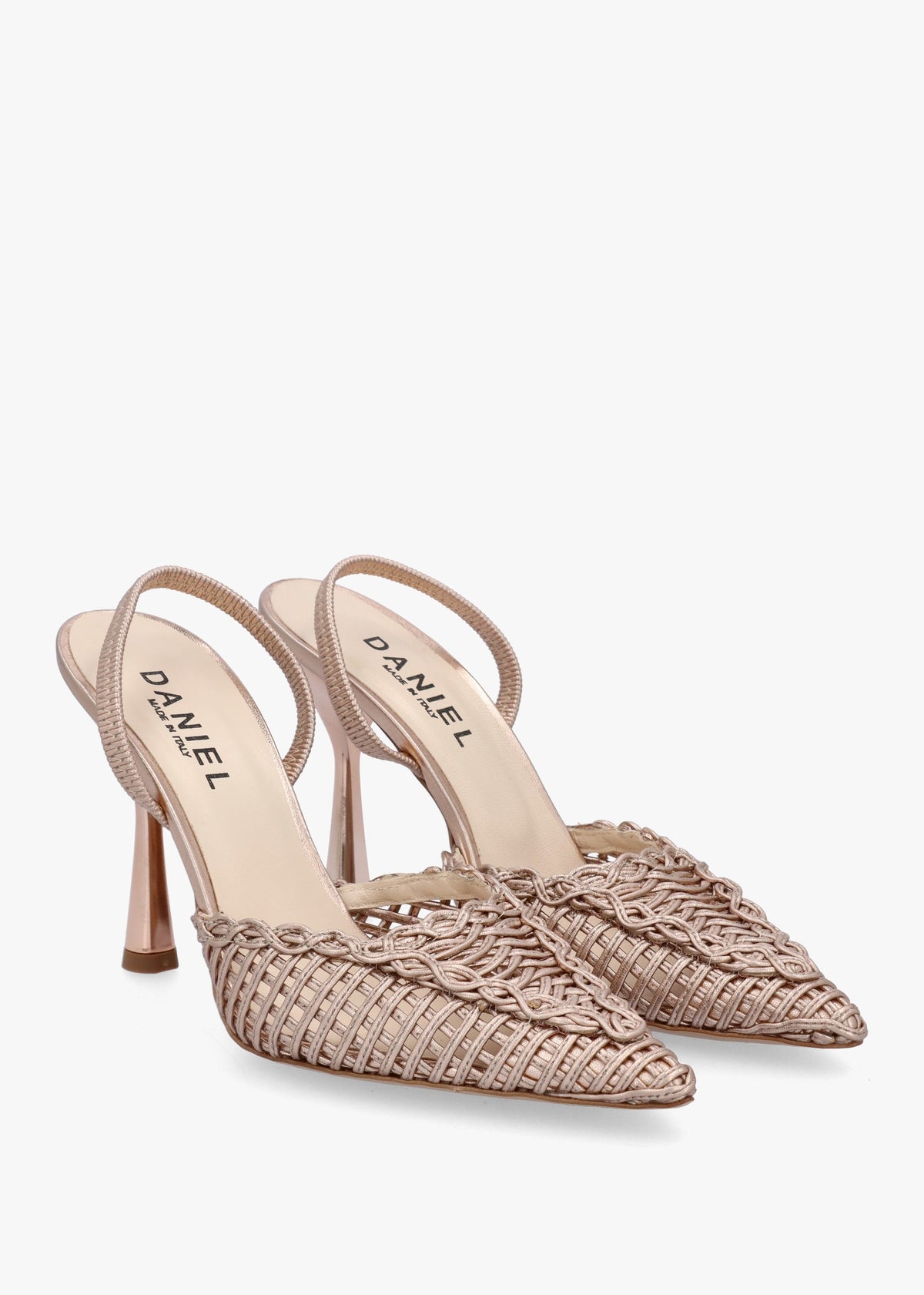 Tiffi Rose Gold Metallic Leather Woven Sling Back Court Shoes