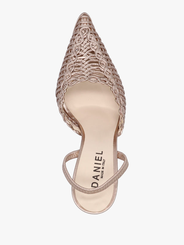 Tiffi Rose Gold Metallic Leather Woven Sling Back Court Shoes