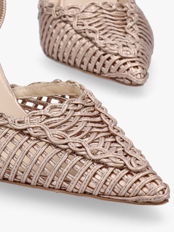 Tiffi Rose Gold Metallic Leather Woven Sling Back Court Shoes