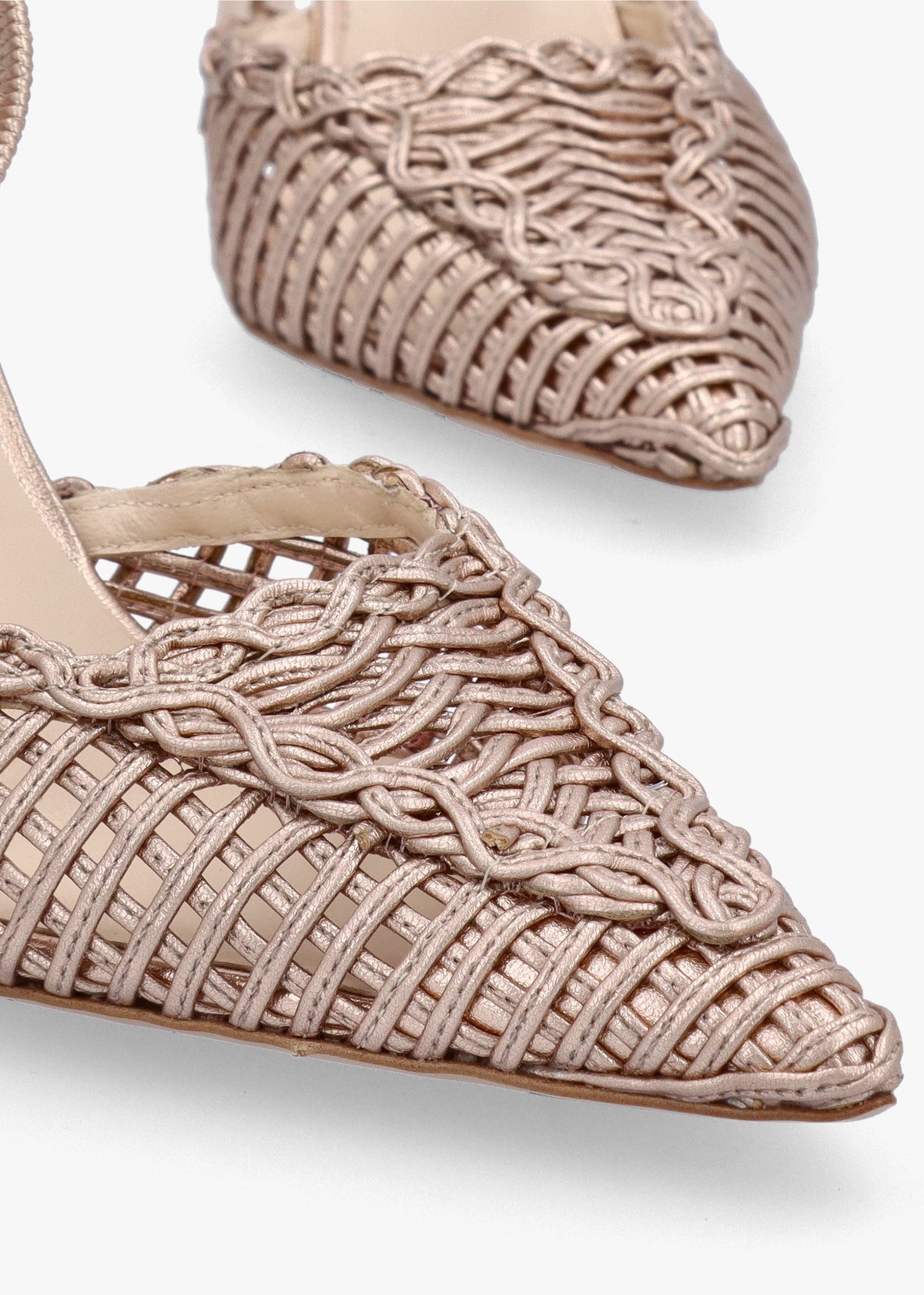 Tiffi Rose Gold Metallic Leather Woven Sling Back Court Shoes