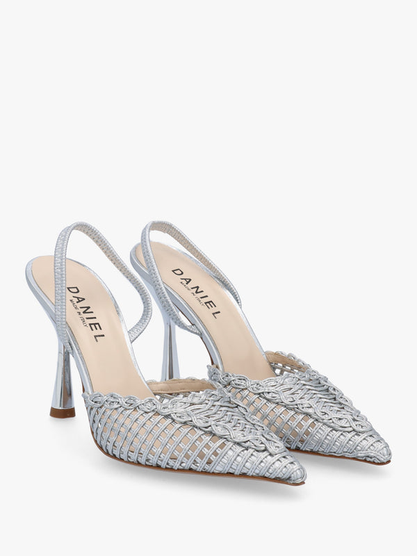Tiffi Silver Leather Woven Sling Back Court Shoes