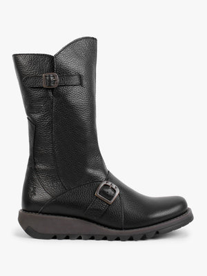 Mes Black Pebbled Leather Low Wedge Calf Boots