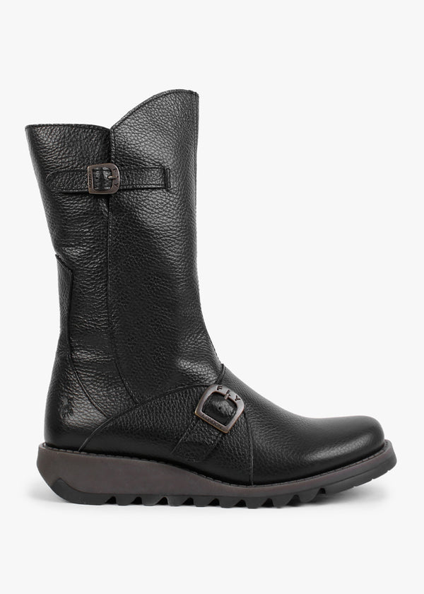 Mes Black Pebbled Leather Low Wedge Calf Boots
