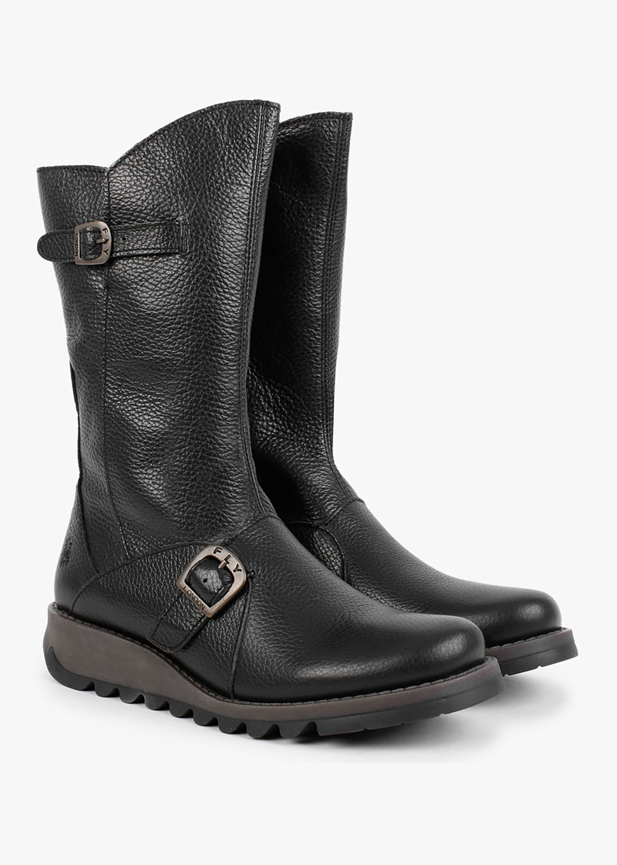 Mes Black Pebbled Leather Low Wedge Calf Boots