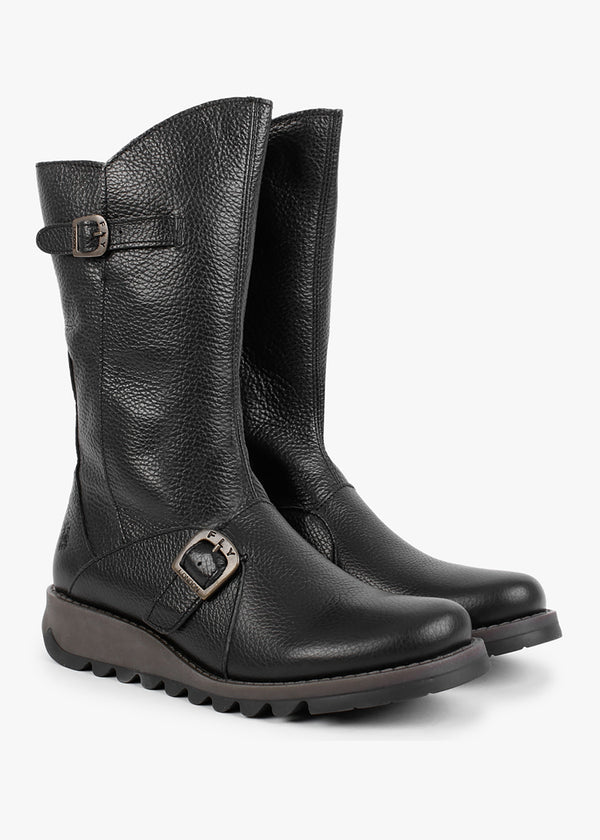 Mes Black Pebbled Leather Low Wedge Calf Boots