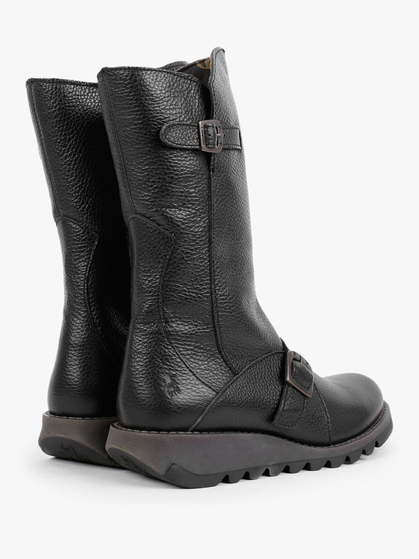 Mes Black Pebbled Leather Low Wedge Calf Boots