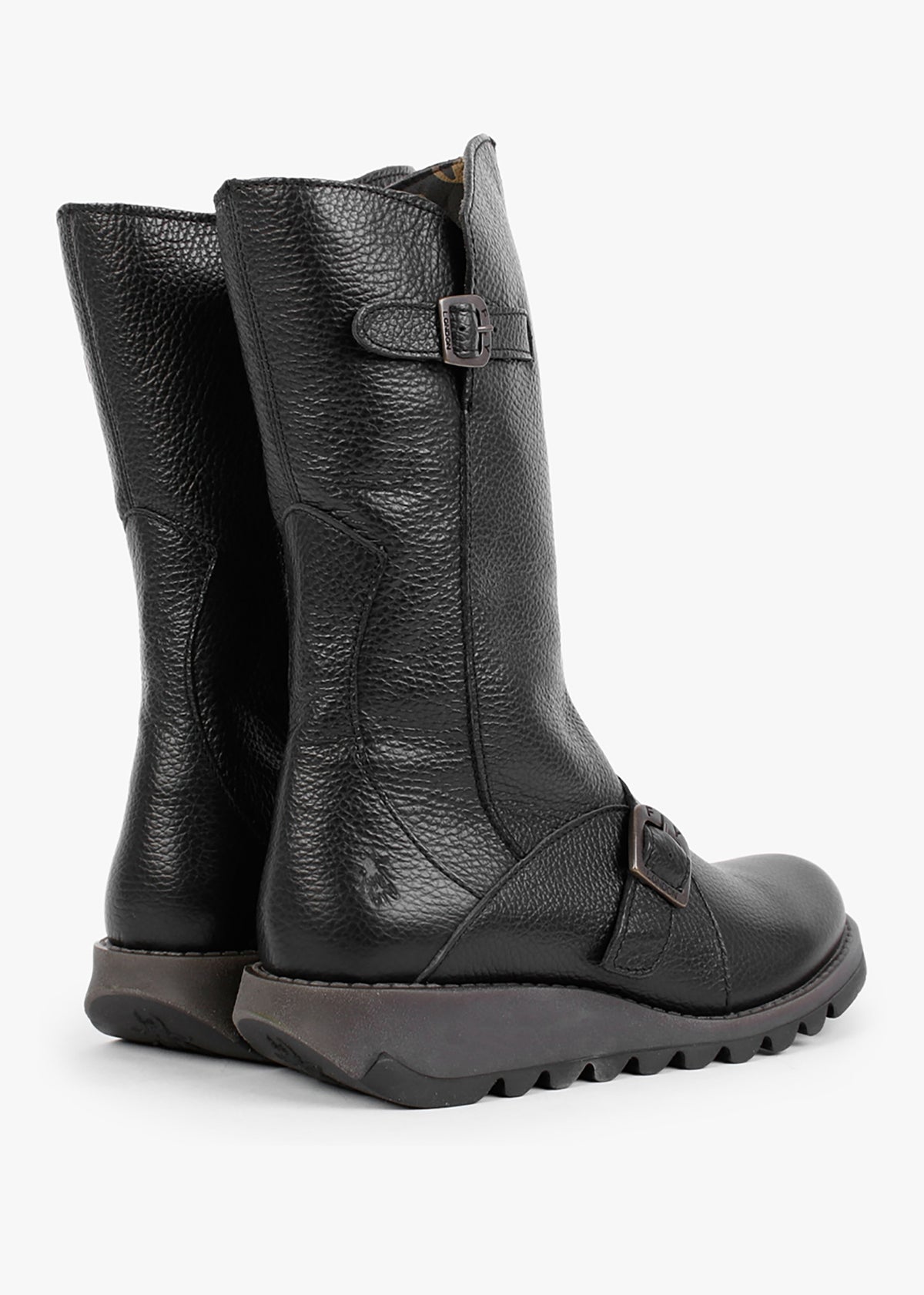 Mes Black Pebbled Leather Low Wedge Calf Boots