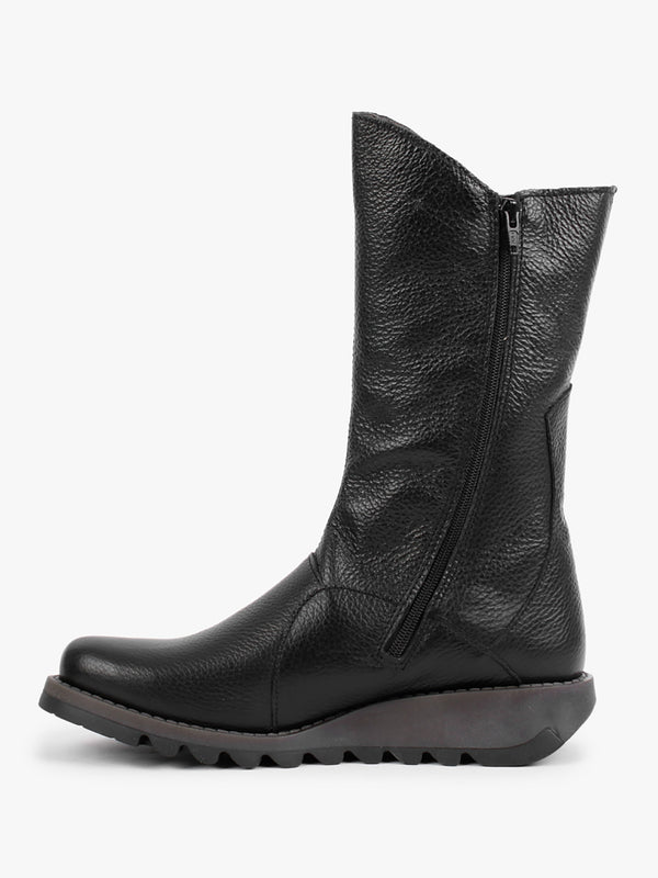 Mes Black Pebbled Leather Low Wedge Calf Boots