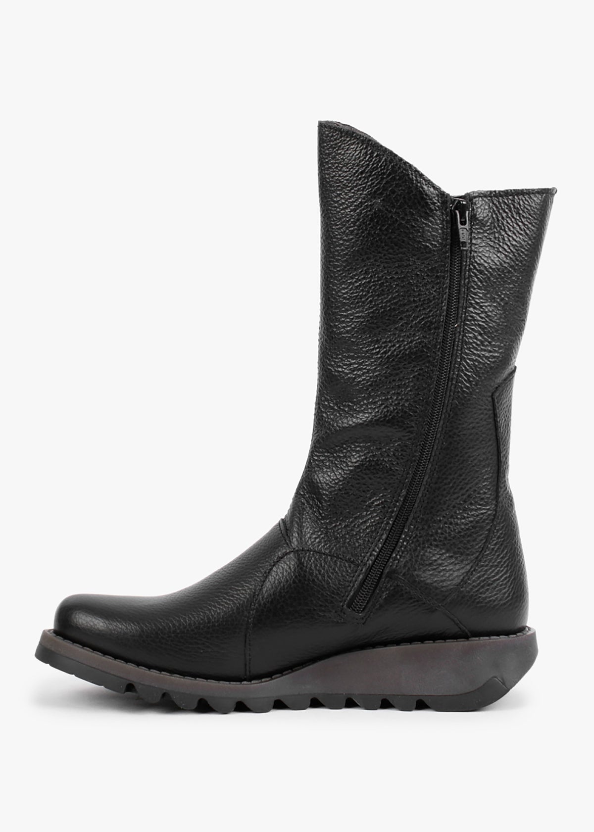 Mes Black Pebbled Leather Low Wedge Calf Boots