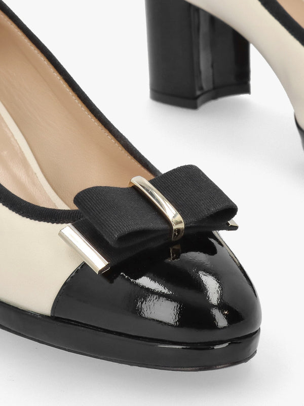 Paige White Leather Block Heel Court Shoes