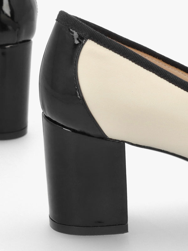 Paige White Leather Block Heel Court Shoes