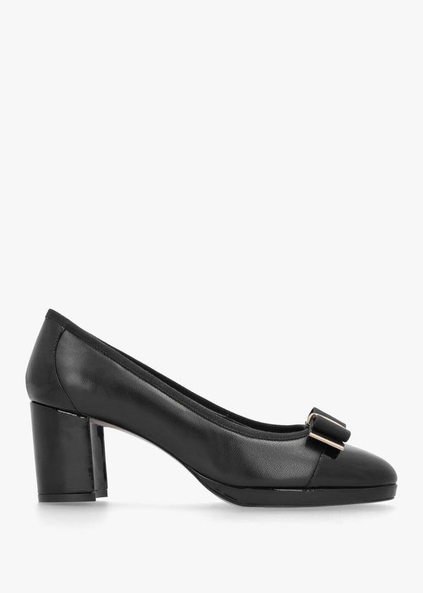 Paige Black Leather Block Heel Court Shoes